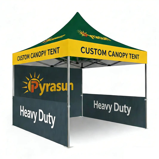 Pyrasun Elite 10x10 custom canopy tent with full-color logo printing, heavy-duty 2.0 inch aluminum hex frame event booth with branded backwall and side rails.