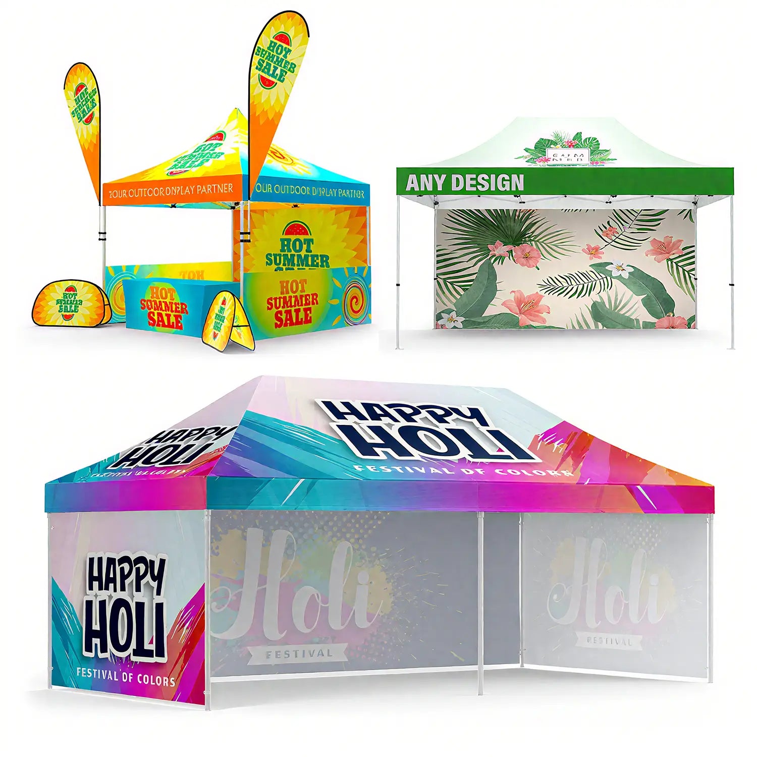Variety of custom pop-up tents with vibrant designs, ideal for outdoor events, festivals, and promotional activities