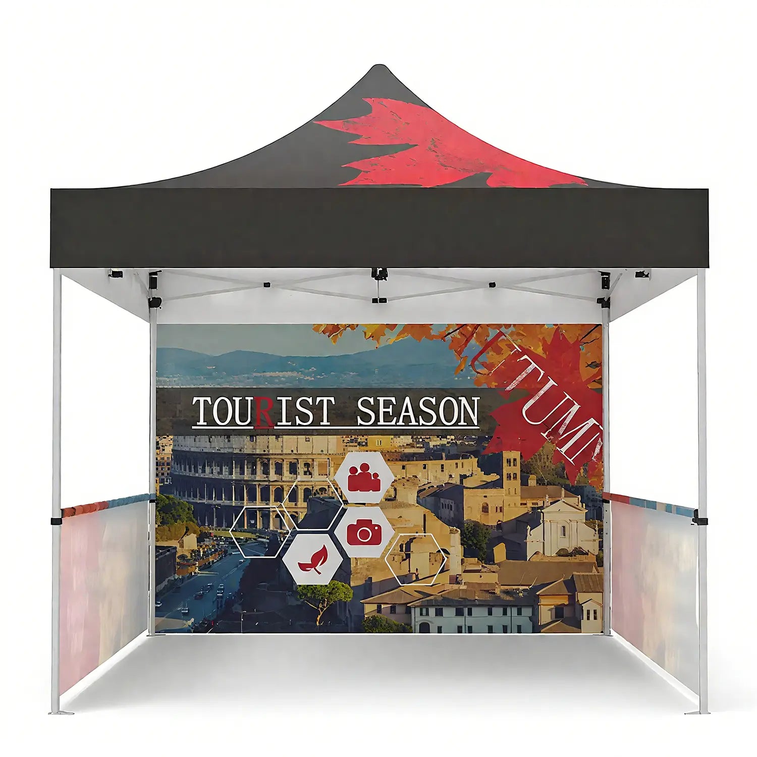 Custom pop-up tent with open sides and a durable canopy, suitable for outdoor events and trade shows