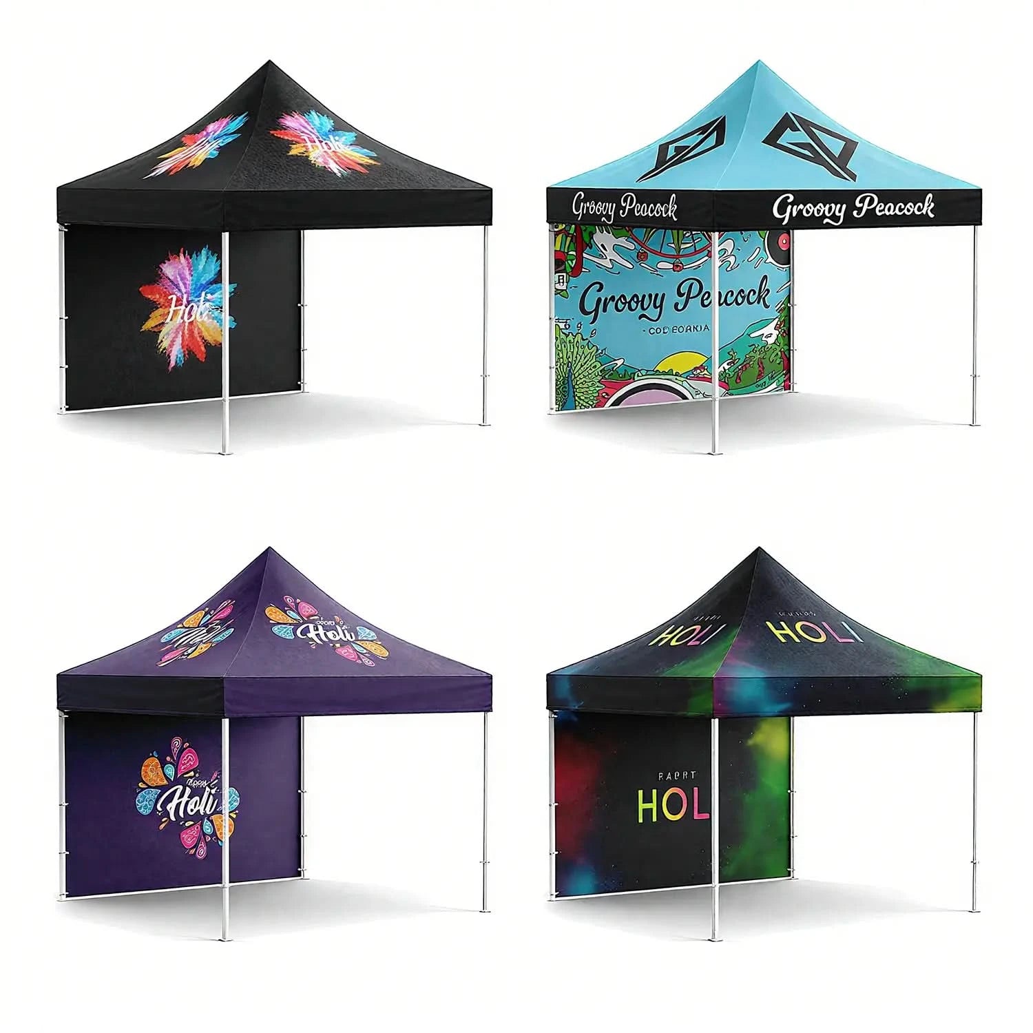 Collection of custom pop-up tents with vibrant, colorful designs, ideal for festivals, outdoor events, and brand promotions