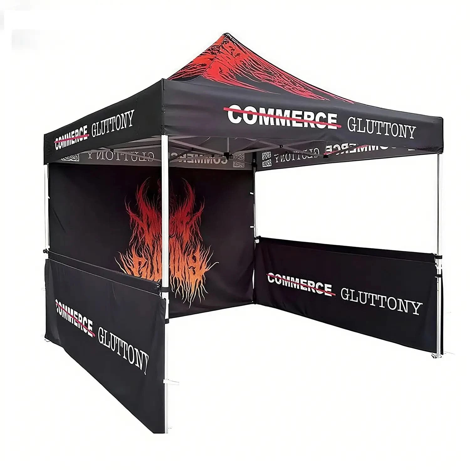 10x10 ft farmers market pop-up canopy tent with bold flame graphics, perfect for events and outdoor promotions
