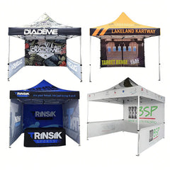 Variety of custom pop up tents with unique designs ideal for outdoor events and brand promotions