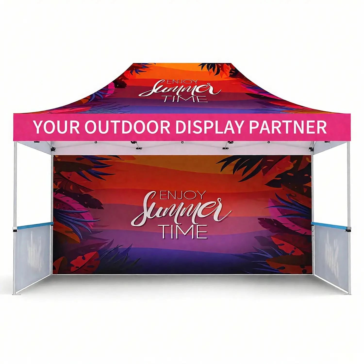 Custom pop-up tent with vibrant summer-themed design, perfect for outdoor events