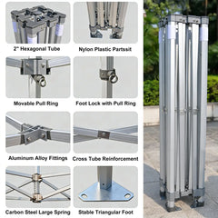 Heavy-duty 50mm (2 inch) hexagonal aluminum pop-up tent frame details, featuring reinforced aluminum alloy fittings, carbon steel large spring tensioner, and movable pull ring locks for professional event canopy stability.