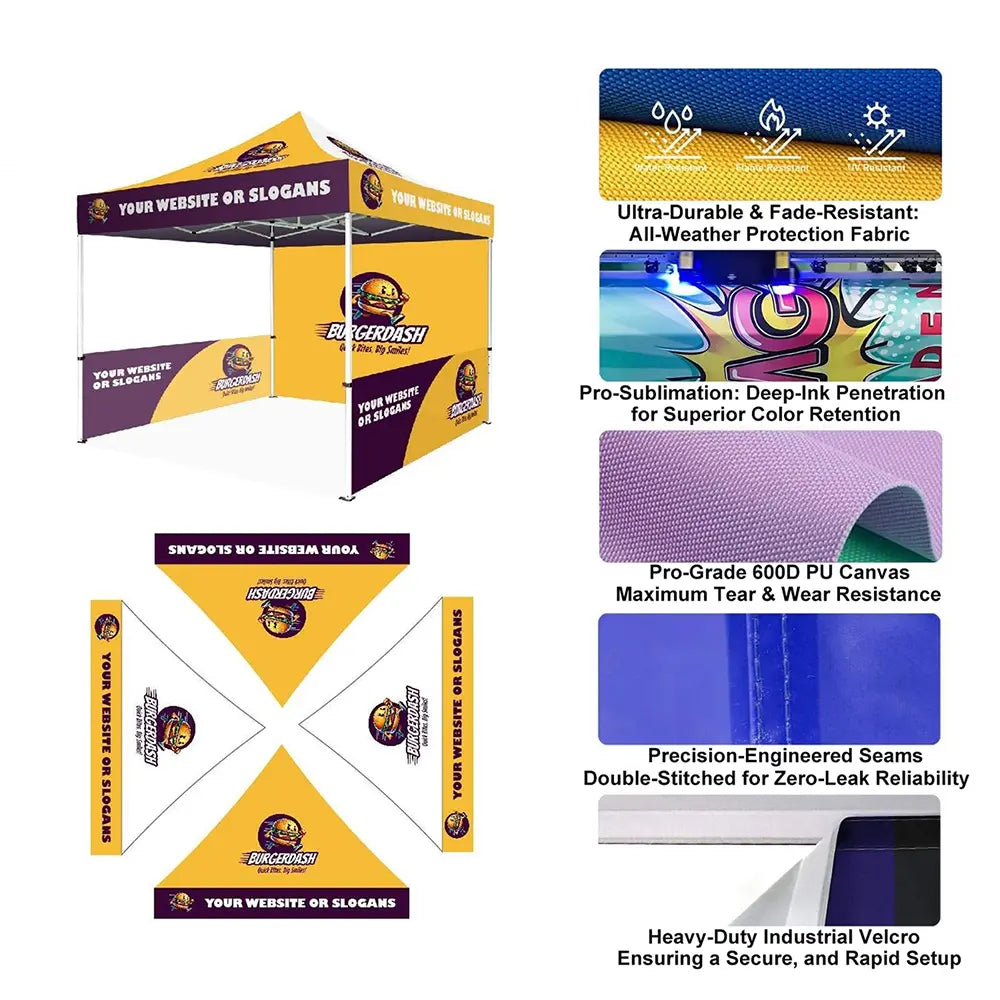 Pyrasun custom canopy tent technical features: 600D PU canvas with UV protection, dye sublimation printing, double-stitched waterproof seams, and heavy-duty industrial velcro.