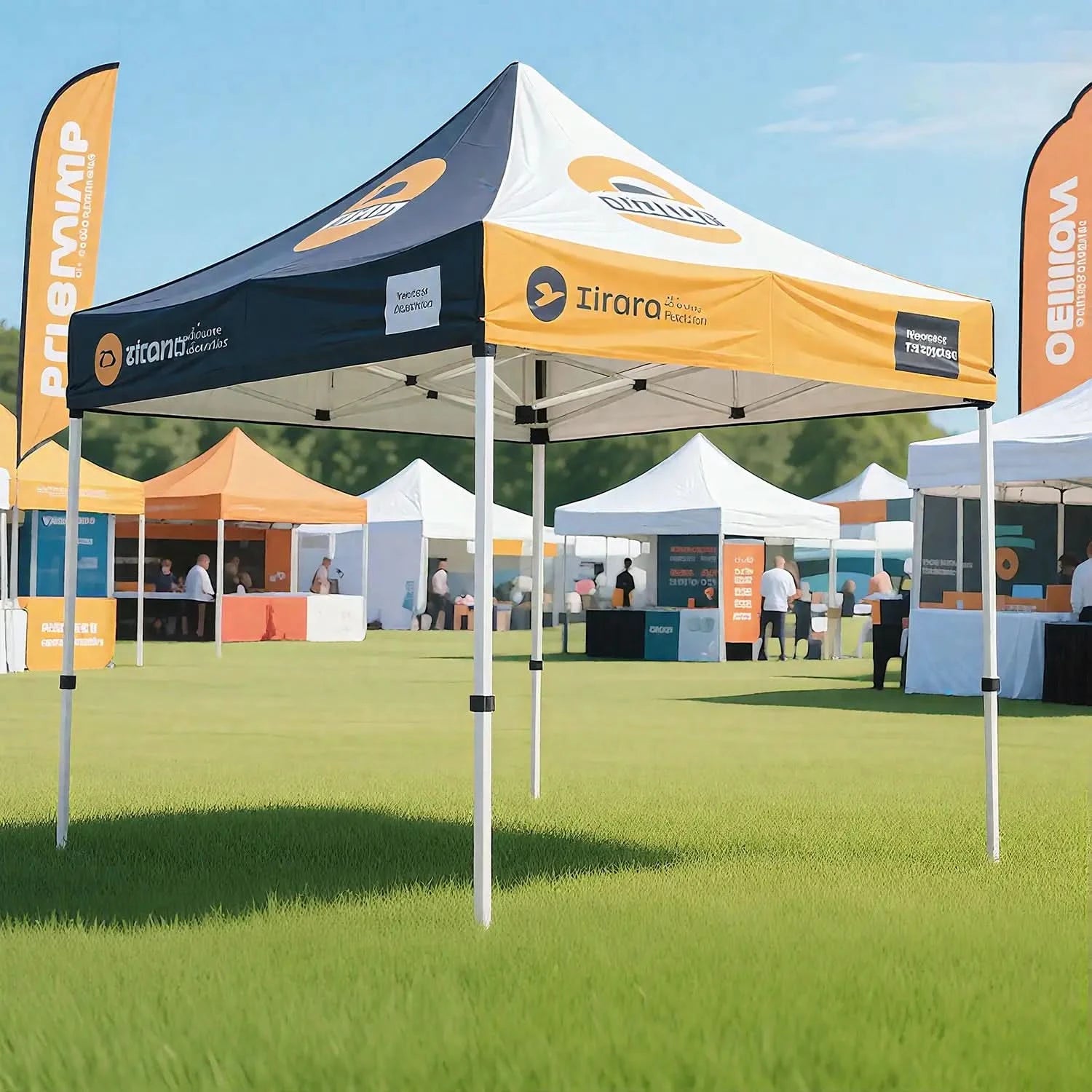 Custom pop-up tent for trade fairs, featuring a yellow and blue canopy with open sides, perfect for promotional and event displays