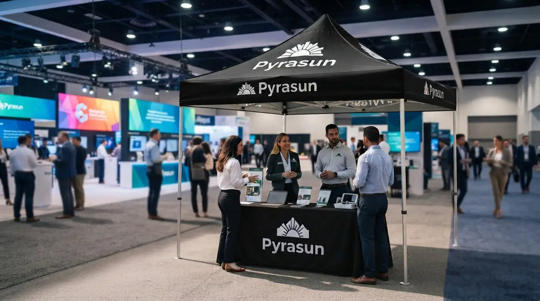 A high-quality custom logo canopy tent showcasing business branding at an active outdoor commercial exhibition.