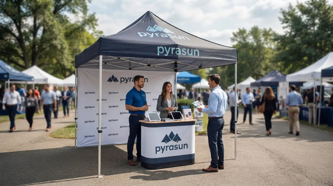 Comparison of steel and aluminum custom canopy tent frames set up at an outdoor corporate trade show and branding event by Pyrasun.