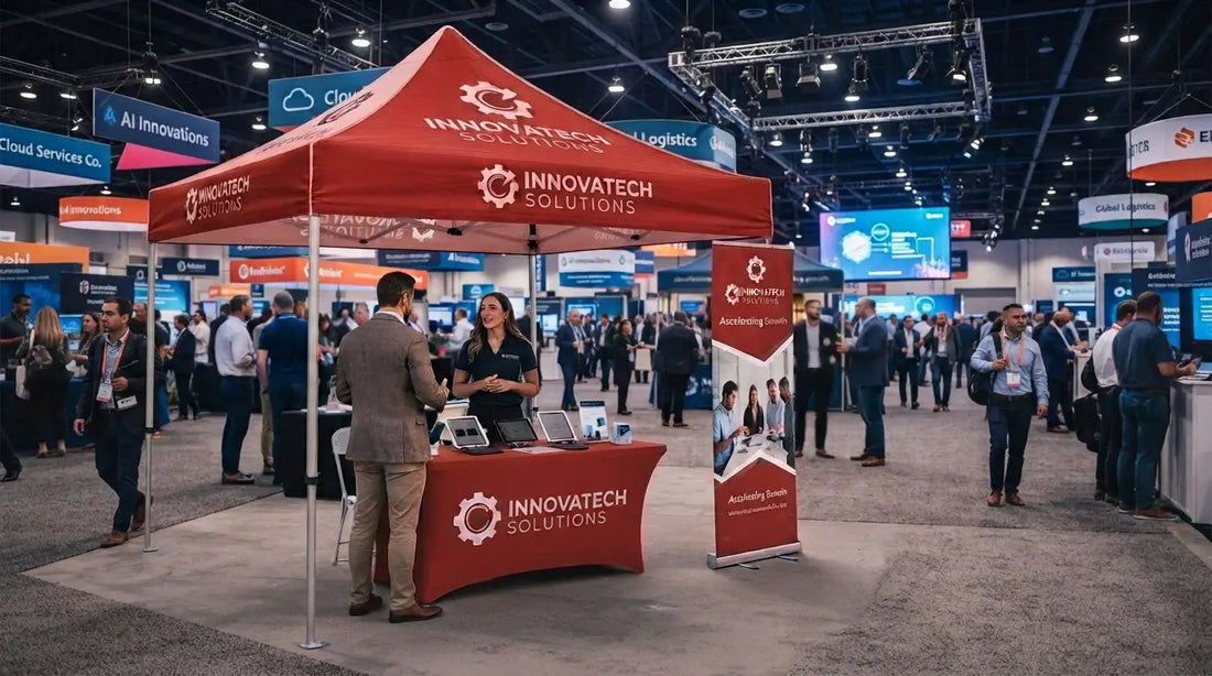 Vibrant custom canopy tent featuring professional logo branding and full printing details for a corporate promotion.