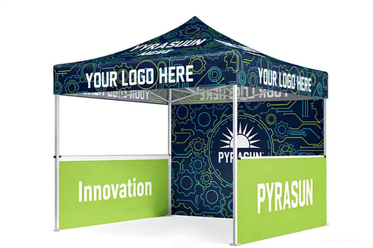 Pyrasun custom canopy tent 10x10 with logo, professional pop up tent size for trade shows and outdoor branding.