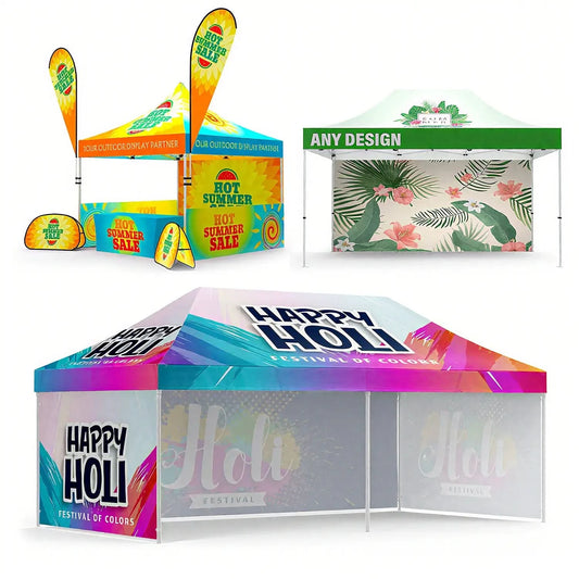 Pyrasun custom event tents with vibrant full-color printing for festivals, summer sales, and professional brand promotions.