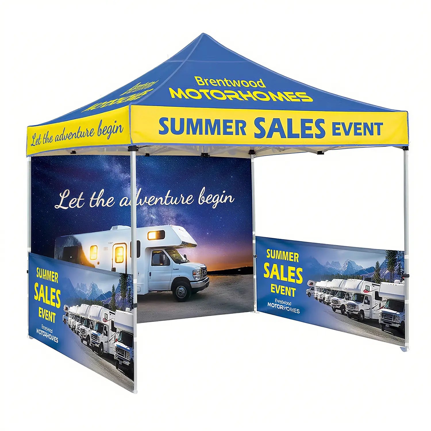 Custom pop-up tent with yellow and blue canopy, featuring open sides, ideal for summer sales events and outdoor promotions