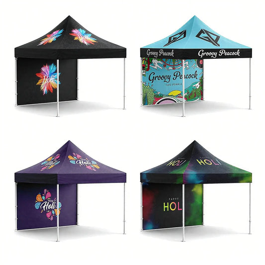 Collection of custom pop-up tents with vibrant, colorful designs, ideal for festivals, outdoor events, and brand promotions