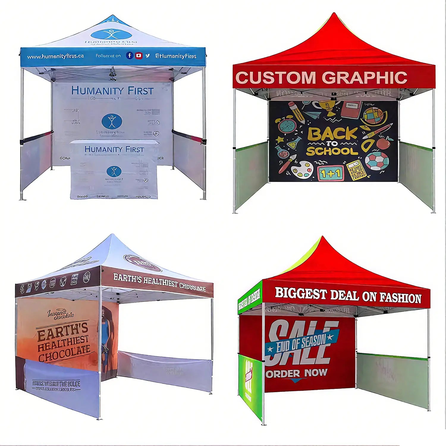 Various custom pop-up tents with different graphics and designs, ideal for outdoor events, promotions, and branding