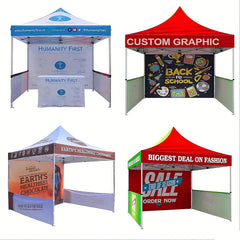 Various custom pop-up tents with different graphics and designs, ideal for outdoor events, promotions, and branding
