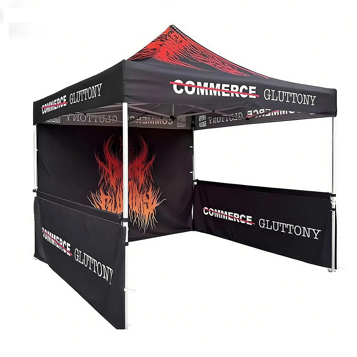 10x10 ft farmers market pop-up canopy tent with bold flame graphics, perfect for events and outdoor promotions