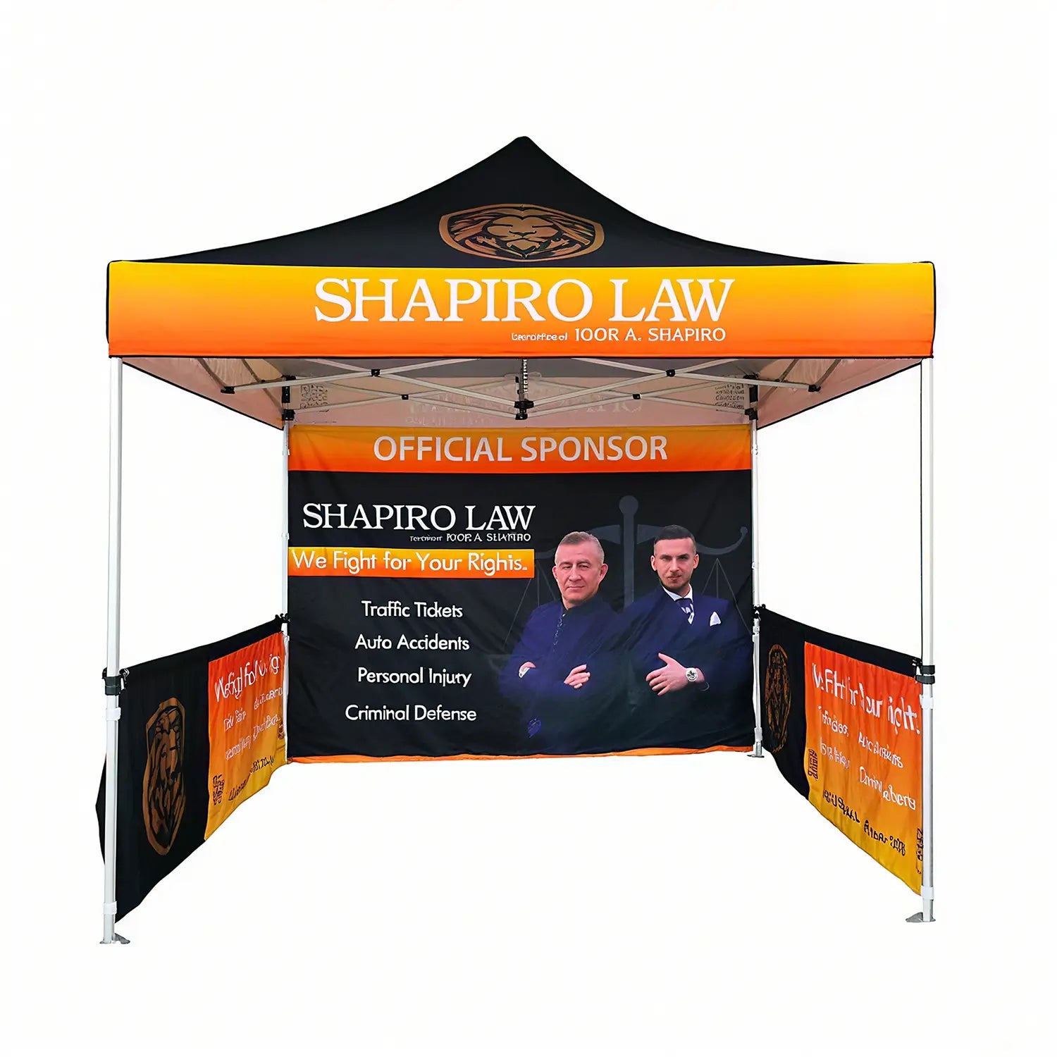 10x10 ft outdoor promotion tent with branding, featuring a legal services advertisement and large logos
