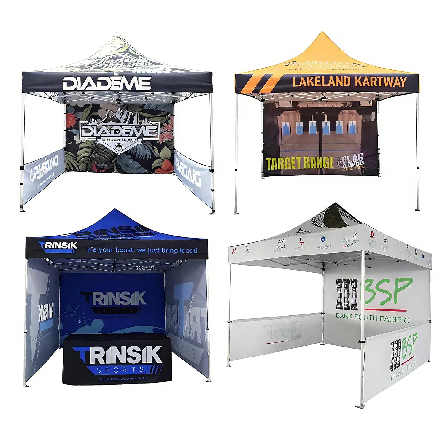 Variety of custom pop up tents with unique designs ideal for outdoor events and brand promotions
