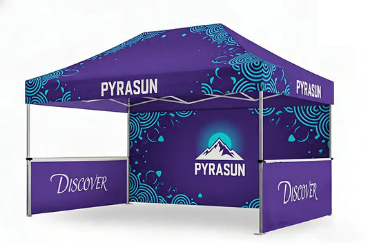 Custom printed 10x15 canopy tent by Pyrasun, spacious branded pop up canopy solution for event exhibits and fairs.