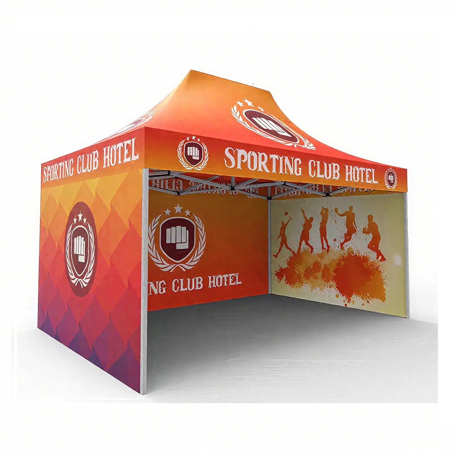 Custom pop-up tent with vibrant gradient design and dynamic sports theme