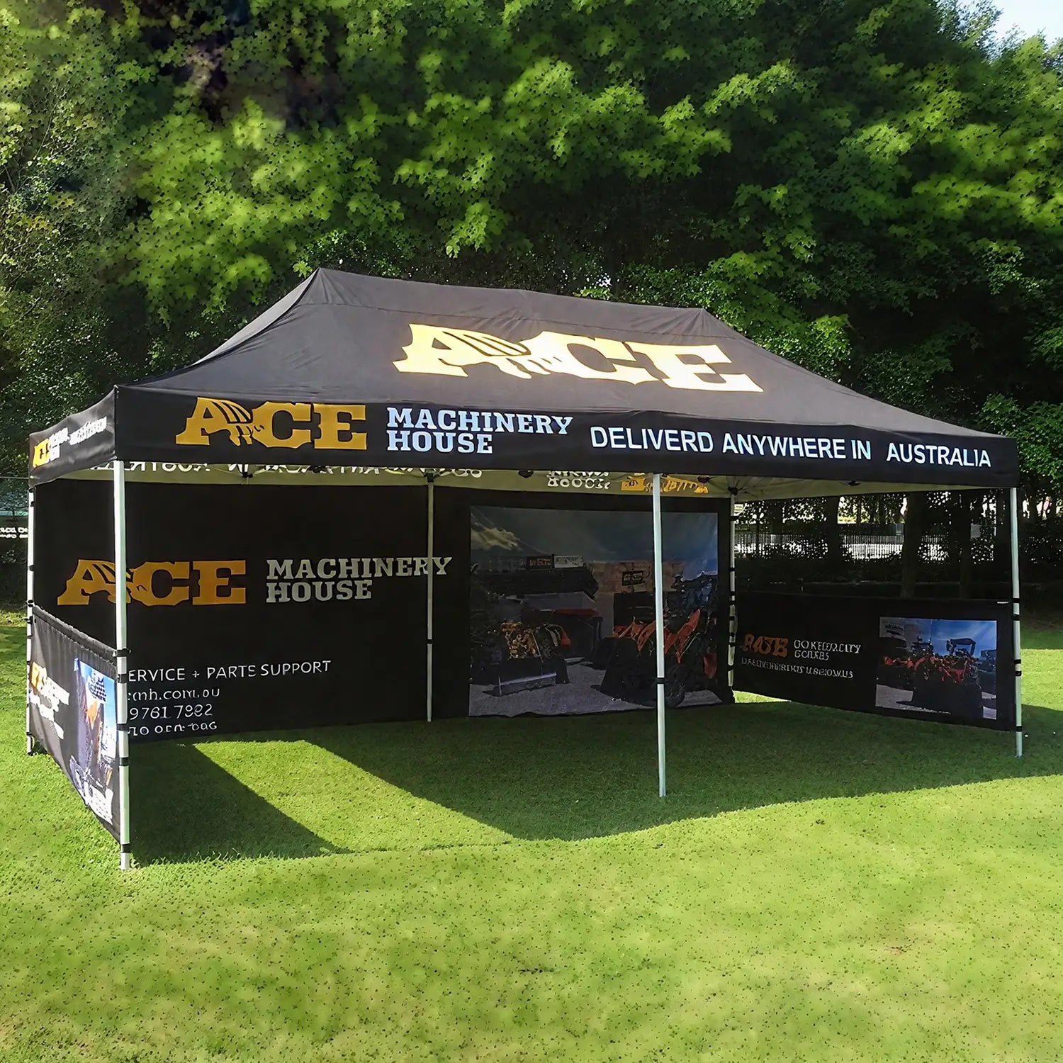 Custom 10x20 ft pop-up tent with printed walls, ideal for outdoor events, trade shows, and branding promotions