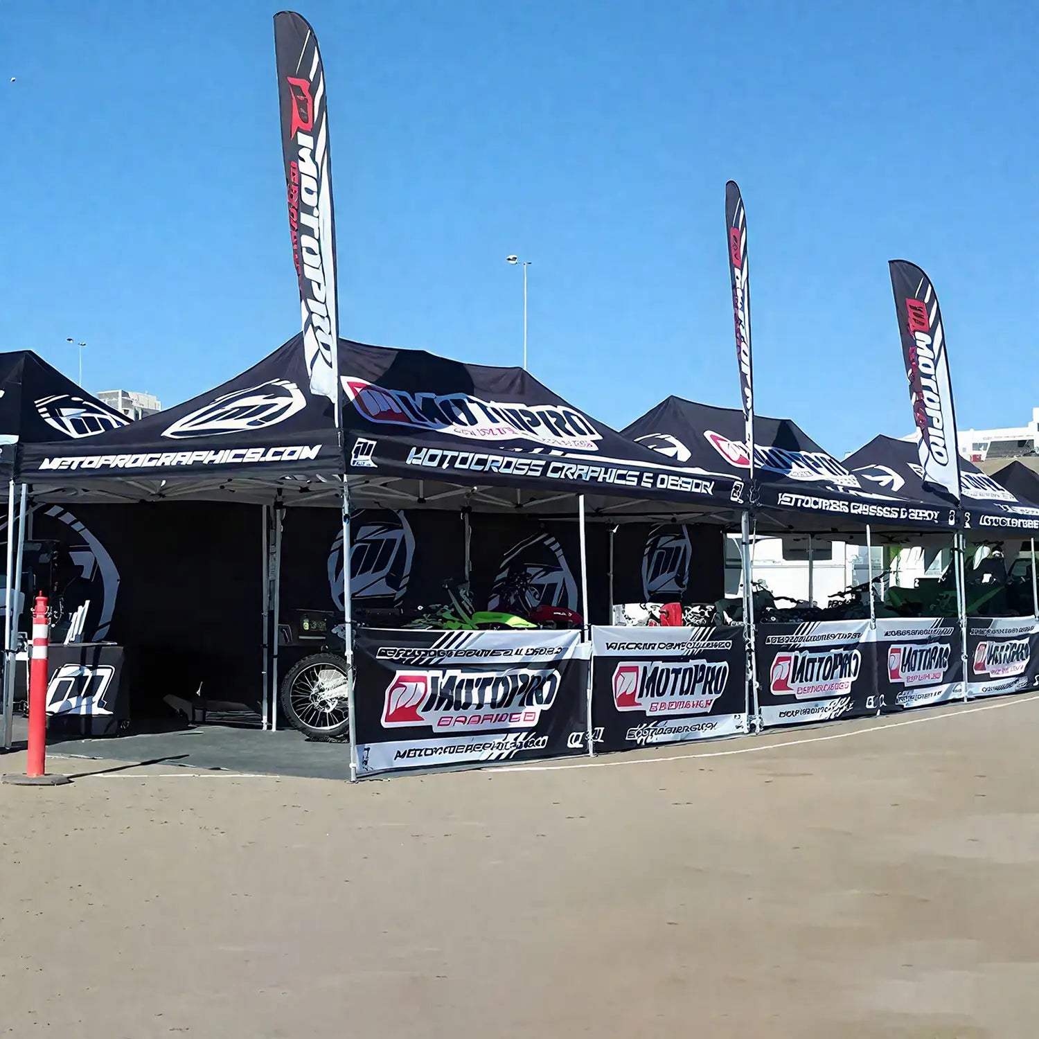 Multiple custom pop-up tents with branding, ideal for outdoor events, trade shows, and promotional displays