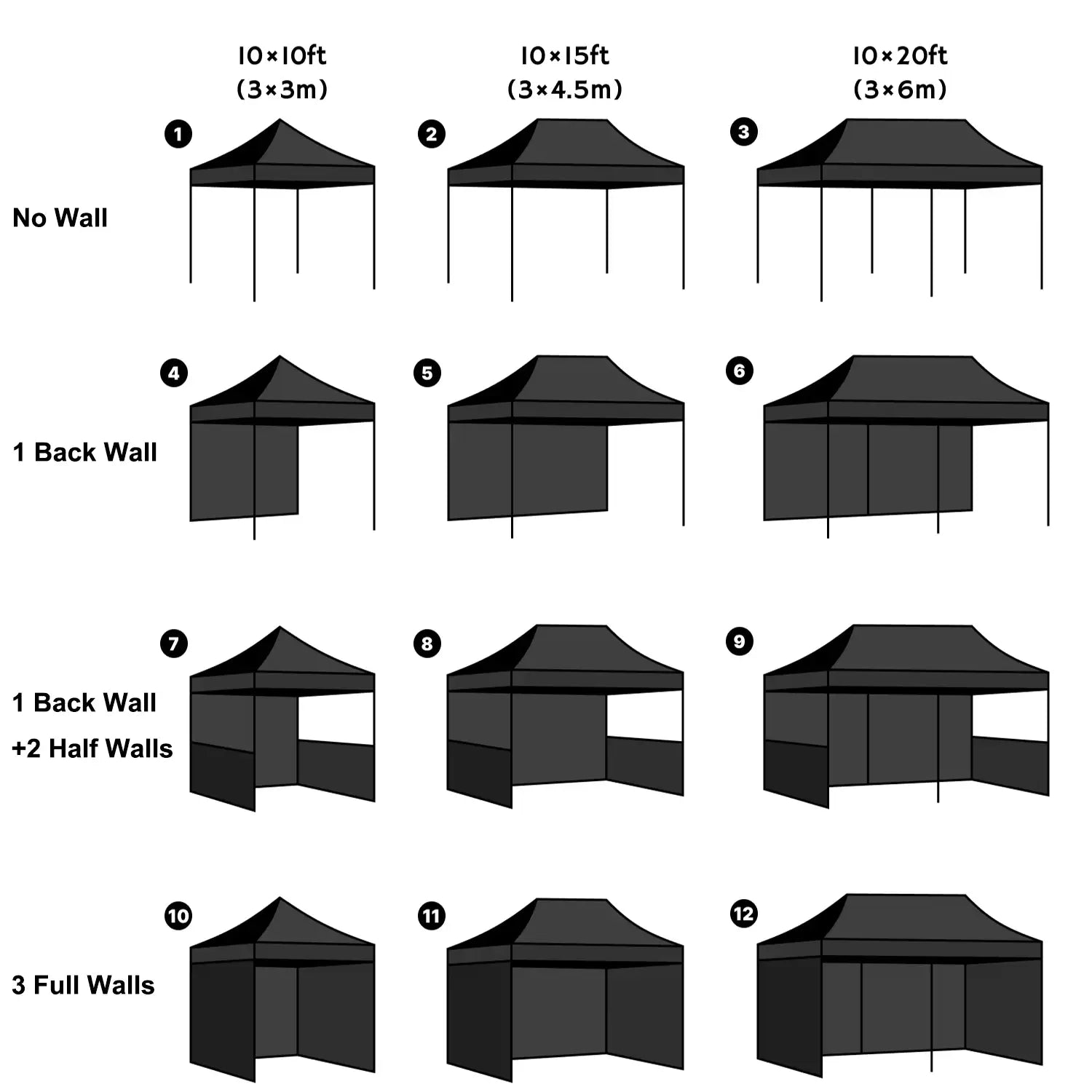 Pyrasun 10x10ft, 10x15ft, and 10x20ft tents with various wall configurations, perfect for customizable outdoor events and exhibitions