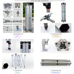 Comparison of Pyrasun canopy tent frame configurations: Elite 2.0" aluminum hex, Premium 1.6" hex aluminum, Pro 1.6" hex steel, and Foundation 1.6" square steel frame details.