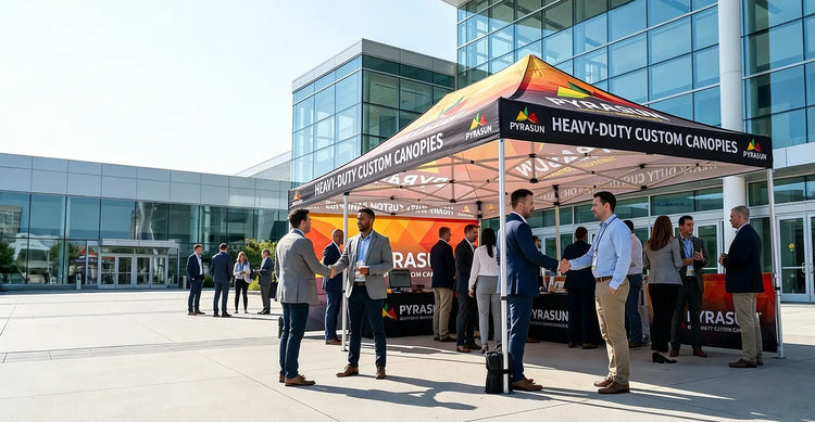 Corporate outdoor event setup featuring Pyrasun heavy-duty custom canopy tents with branded back walls and professional business networking at a modern convention center.