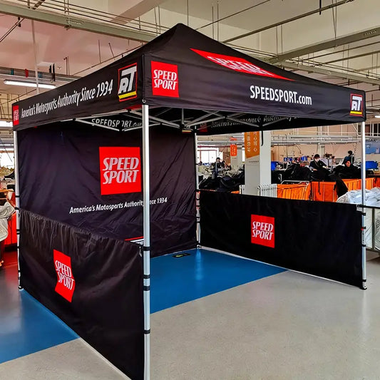 Pyrasun 10x10 custom canopy tent for Speed Sport motorsports, professional event booth with heavy-duty aluminum hex frame.