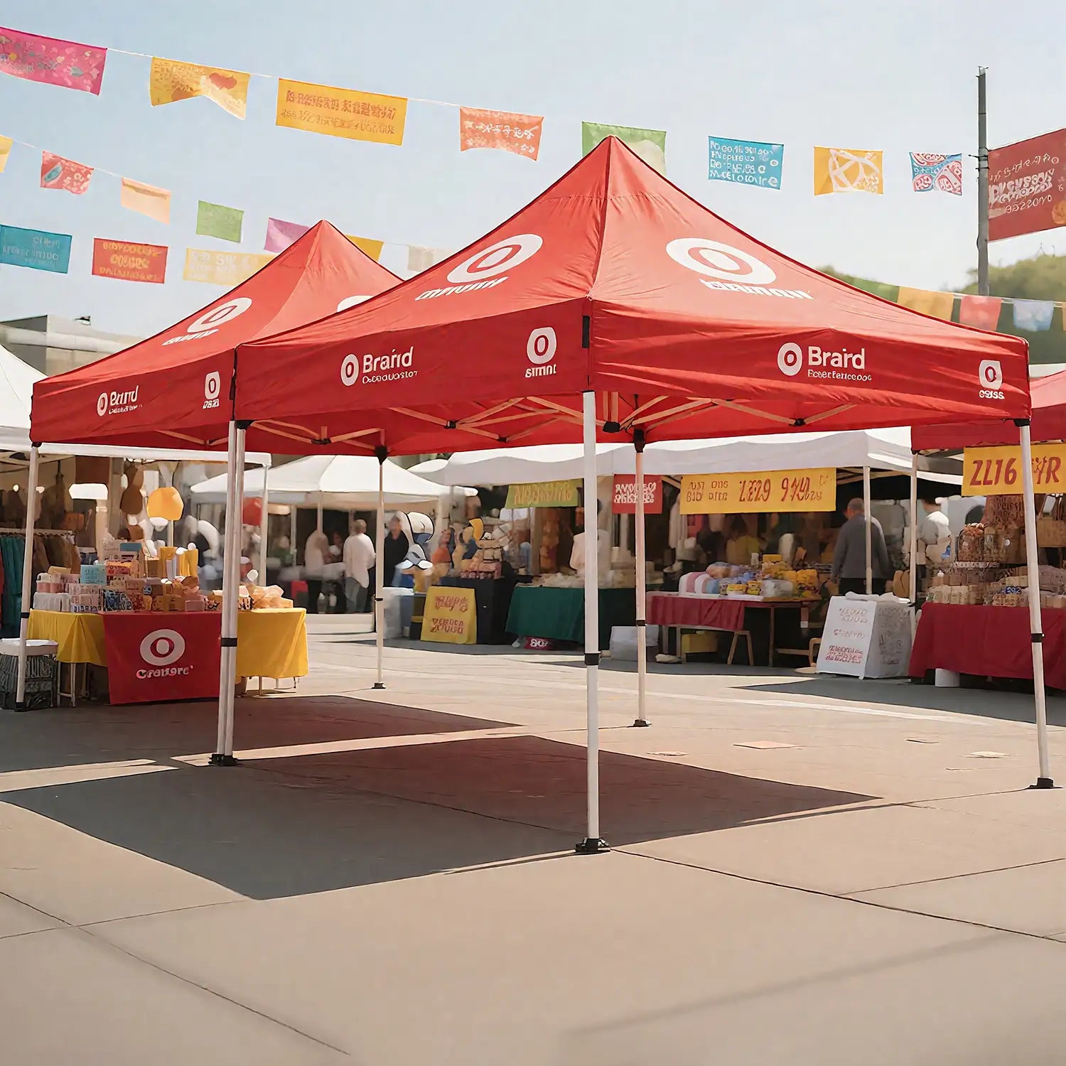 Custom red pop-up tents with sturdy metal frames, ideal for outdoor markets and promotional events