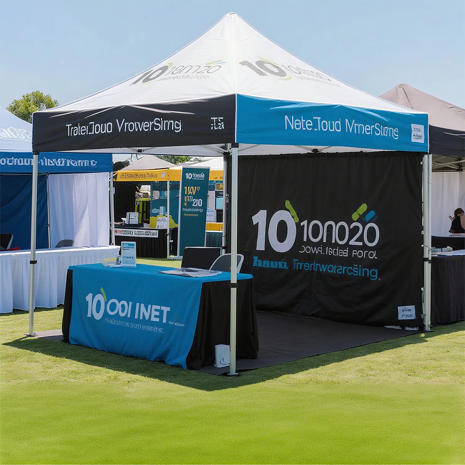 Custom 10x10 pop-up tent with a sturdy frame, ideal for outdoor exhibitions, trade shows, and brand promotions