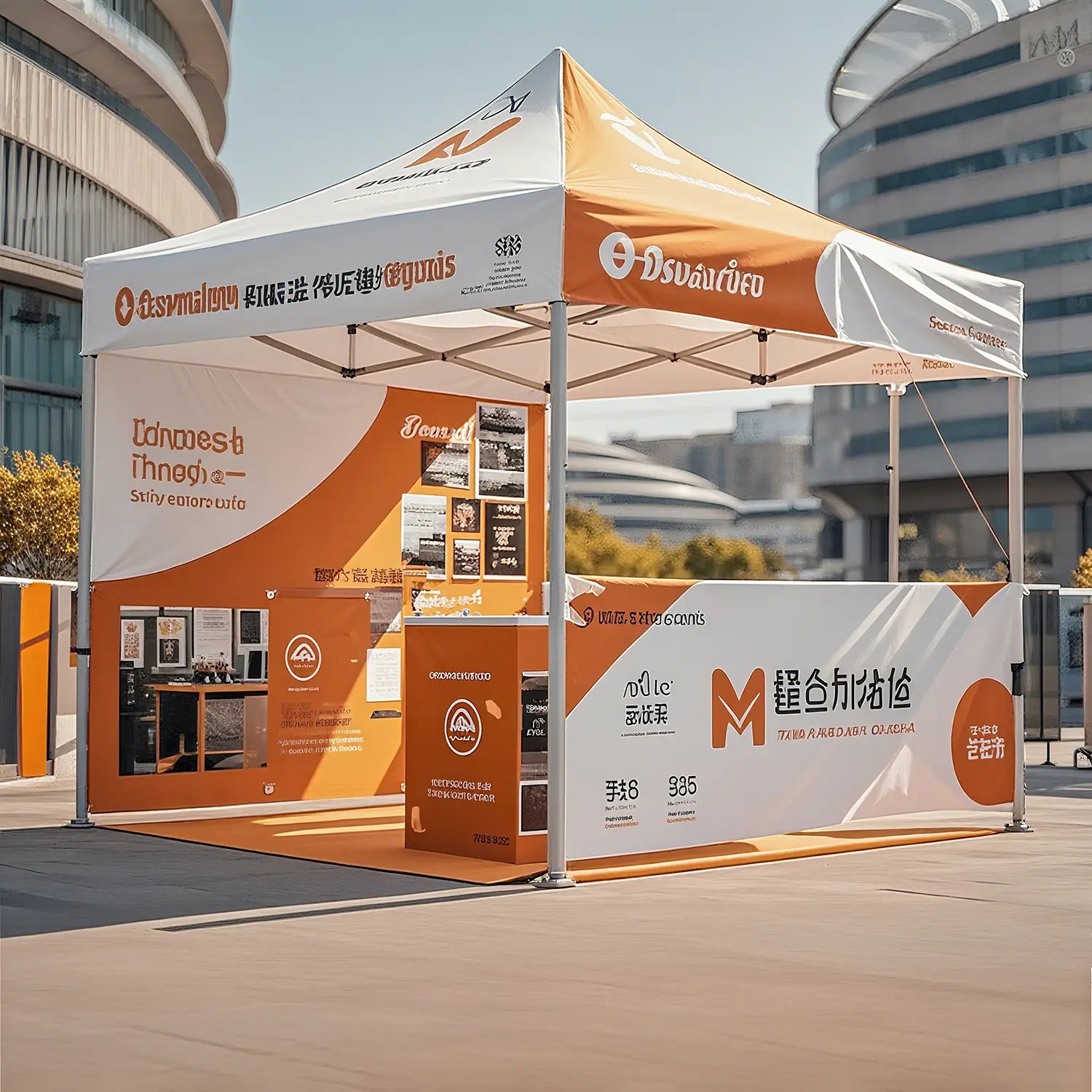 Custom orange pop-up tent with branding, perfect for outdoor exhibitions and marketing displays