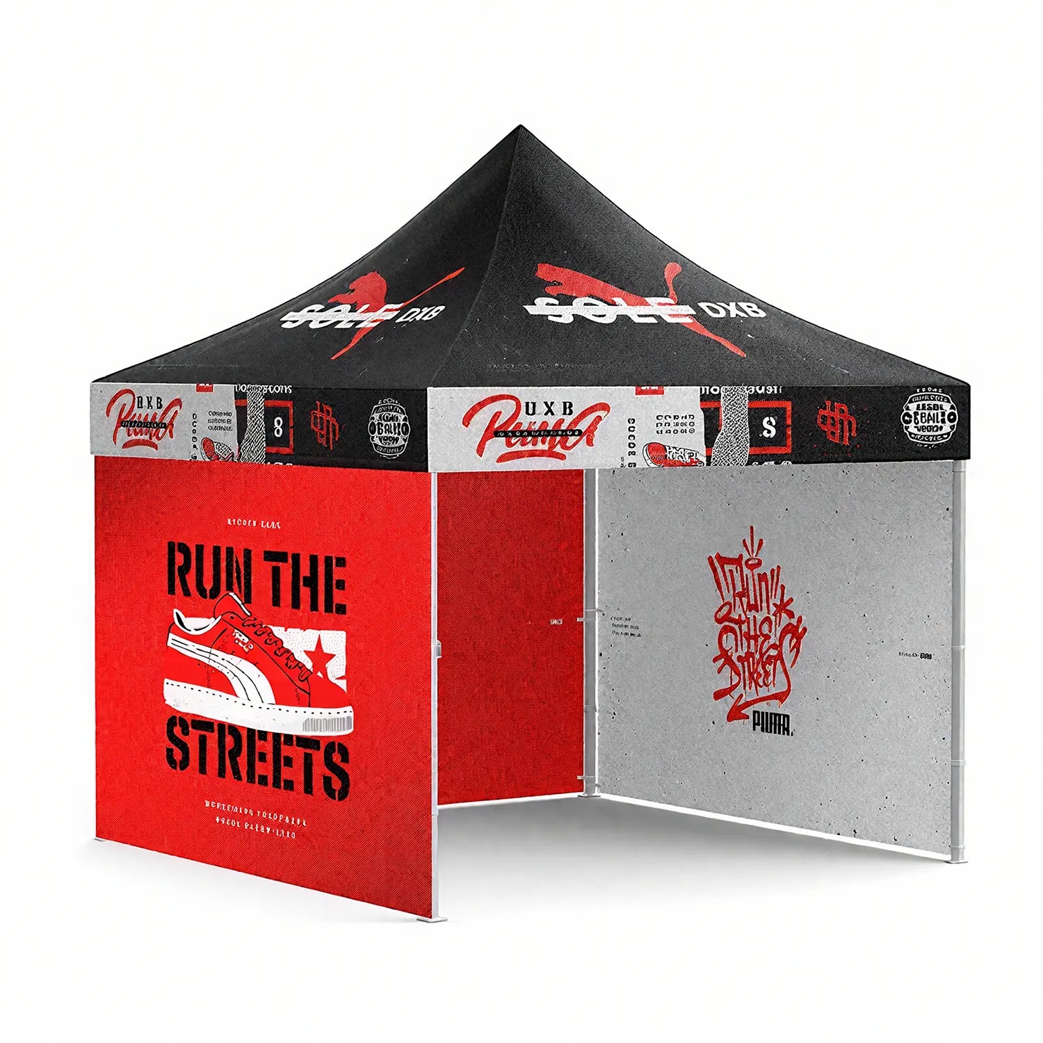 Custom pop-up tent with logo and streetwear design, ideal for brand events and outdoor exhibitions