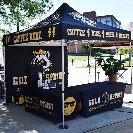 Pyrasun custom printed pop up tent for coffee brands, professional branded event canopy with table cover and backwall.