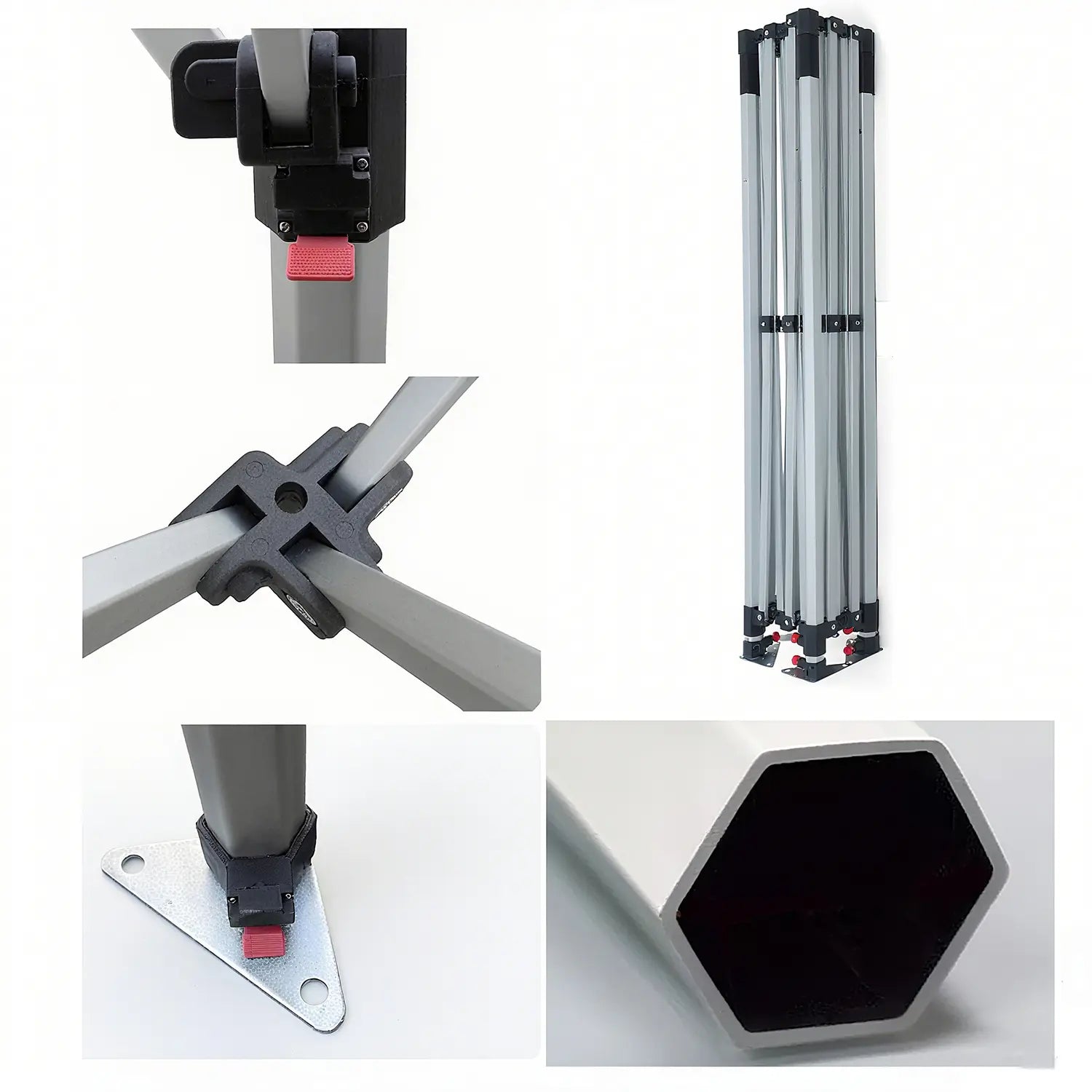 Close-up view of custom tent frame components, highlighting the durable aluminum structure and assembly details