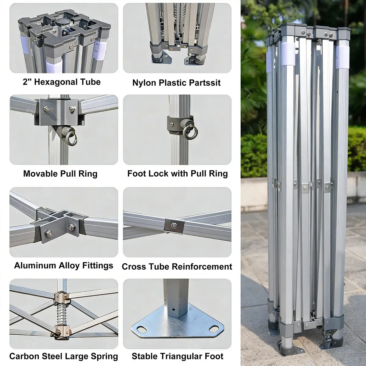 Heavy-duty 50mm (2 inch) hexagonal aluminum pop-up tent frame details, featuring reinforced aluminum alloy fittings, carbon steel large spring tensioner, and movable pull ring locks for professional event canopy stability.