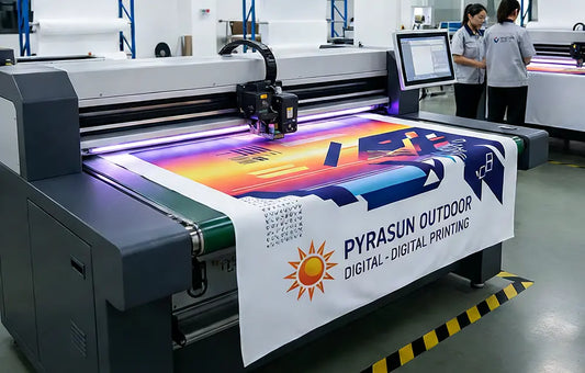 Professional high-resolution digital printing for personalized Pyrasun pop up tents, ideal for detailed logos and complex artwork.