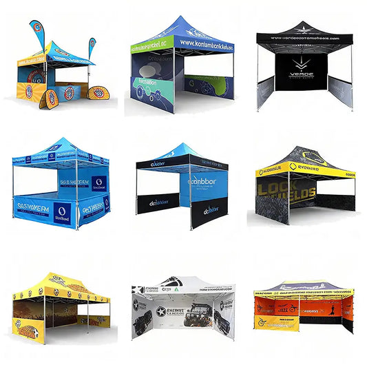 Pyrasun gallery of custom food tents and branded event canopies, professional full-color logo printing for outdoor food festivals.