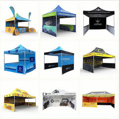 Collection of custom pop-up tents with various designs, ideal for outdoor events, trade shows, and promotions