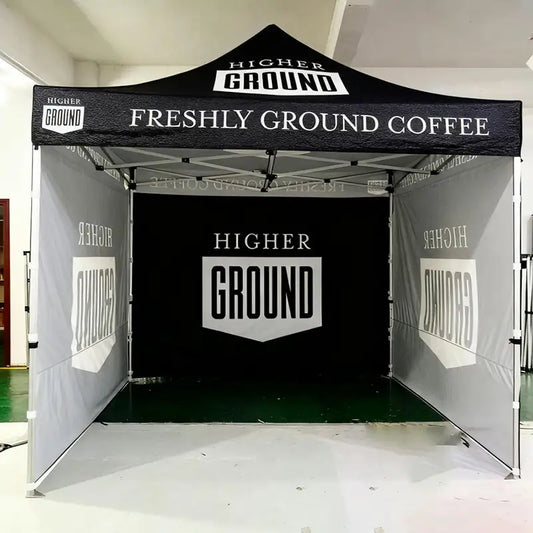 Pyrasun heavy-duty custom pop up tent with logo, professional commercial grade printed canopy for trade show marketing.
