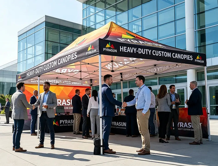 Corporate outdoor event setup featuring Pyrasun heavy-duty custom canopy tents with branded back walls and professional business networking at a modern convention center.