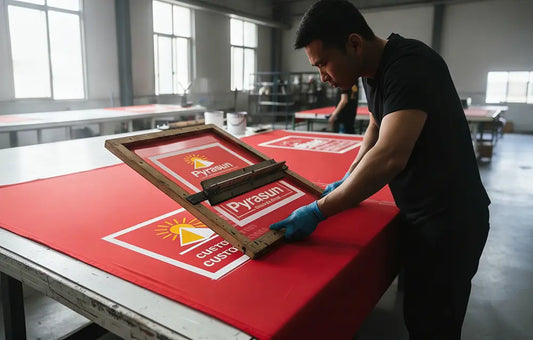Durable manual screen printing on custom branded tents by Pyrasun, reliable spot color logo application for commercial event branding.