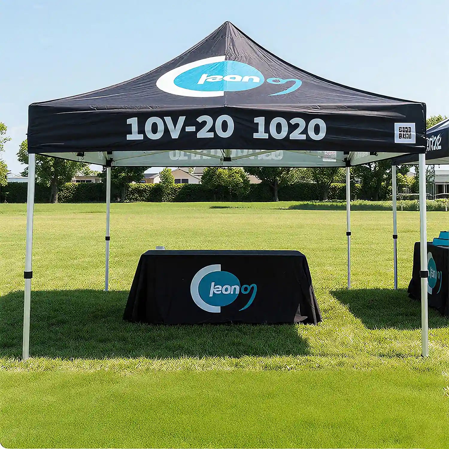 Custom 10x10 pop-up tent with a black canopy and sturdy metal frame, perfect for outdoor events and brand promotions