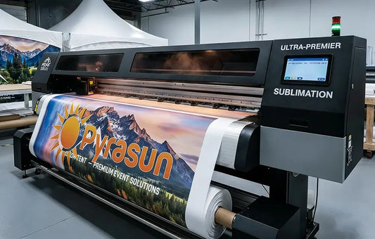 Pyrasun high-definition dye sublimation printing for custom canopy tents, creating vibrant full-color permanent branded graphics.