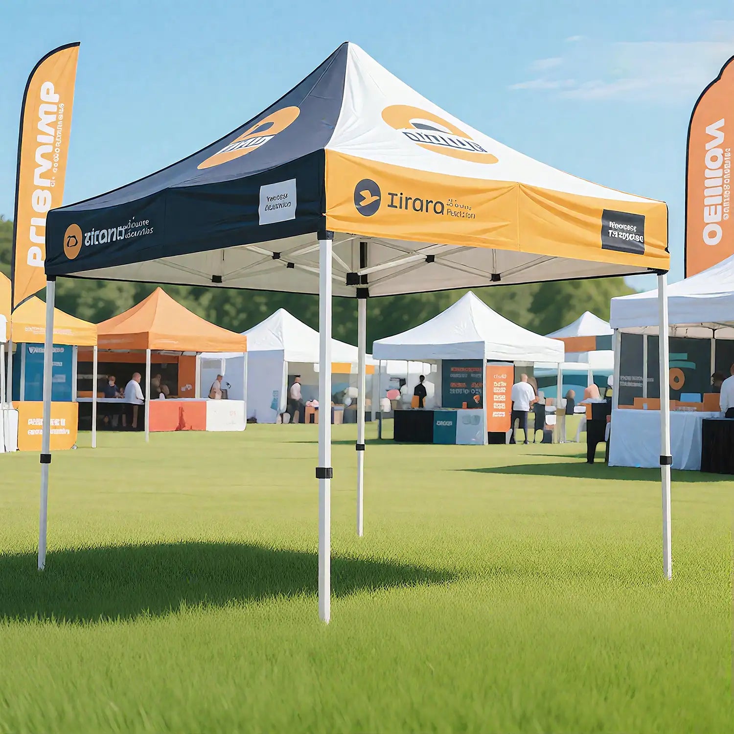 Custom pop-up tent for trade fairs, featuring a yellow and blue canopy with open sides, perfect for promotional and event displays