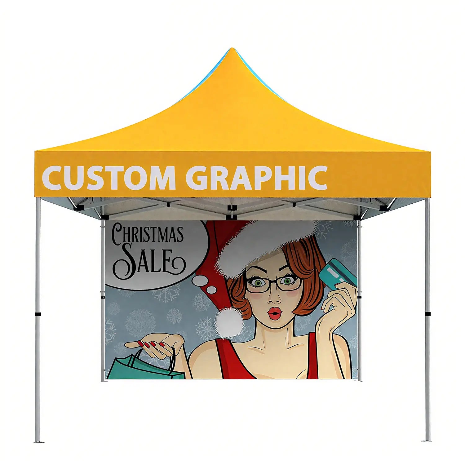 Pyrasun 10x10ft Foundation custom tent with custom graphic design and back wall, perfect for trade shows and seasonal promotions