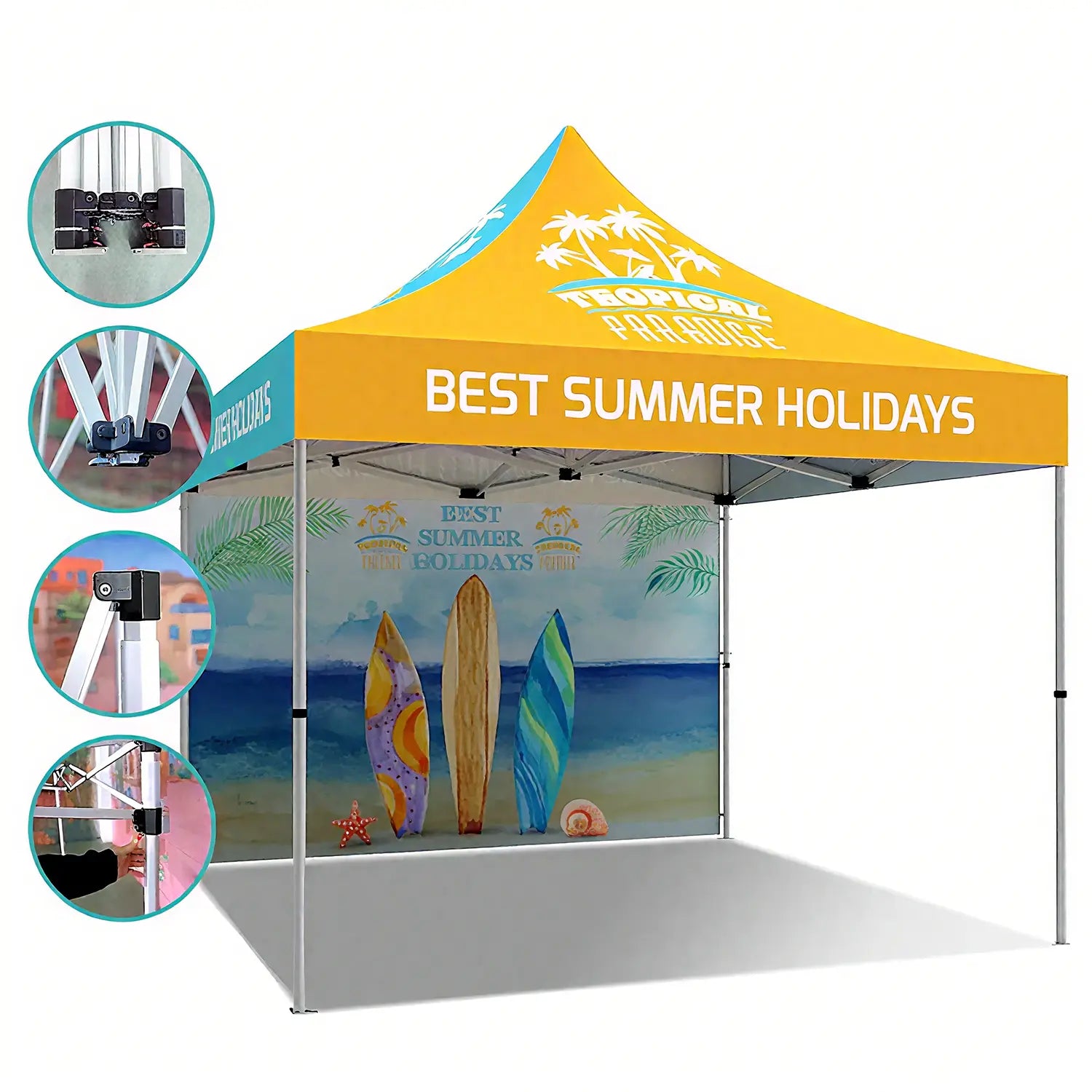 Custom green pop-up canopy with open sides, ideal for brand promotions and outdoor exhibitions